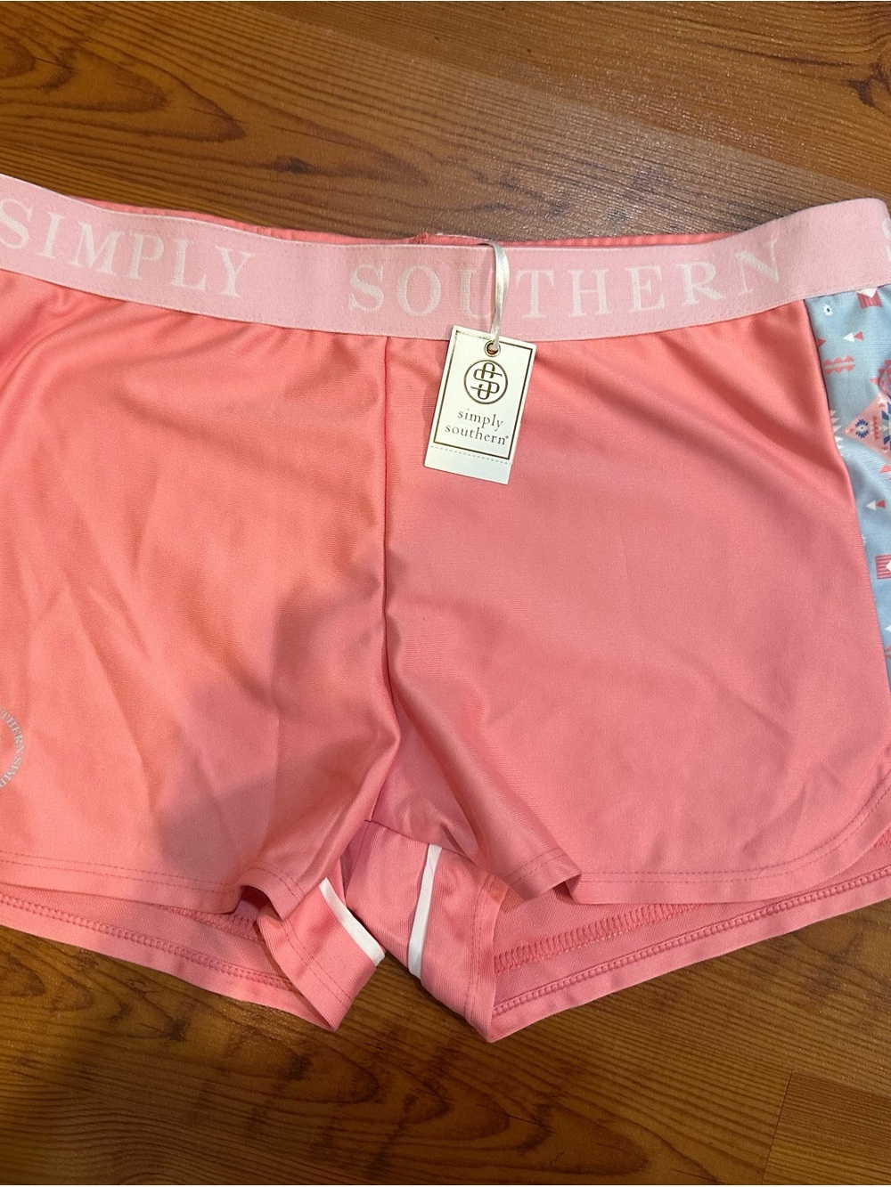 Simply Southern Coral Pink Athletic Shorts with Patterned Side Panels